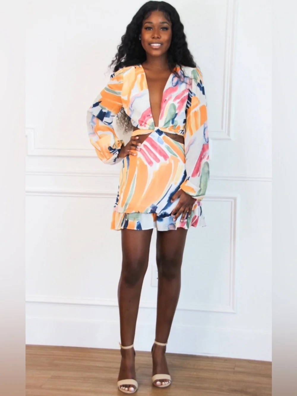 WORK OF ART ABSTRACT CUTOUT ROMPER Deep Plunge Open Back Bloomers Playsuit Small